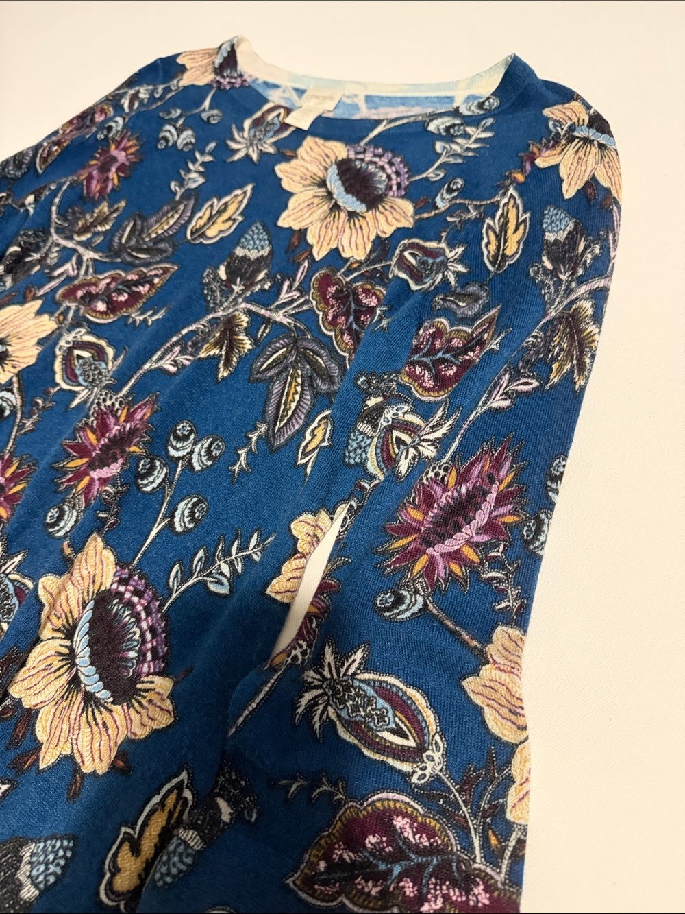 Chico's Women’s Teal Blue Floral Swing Tunic with Cream & Purple Accents 1(M)
